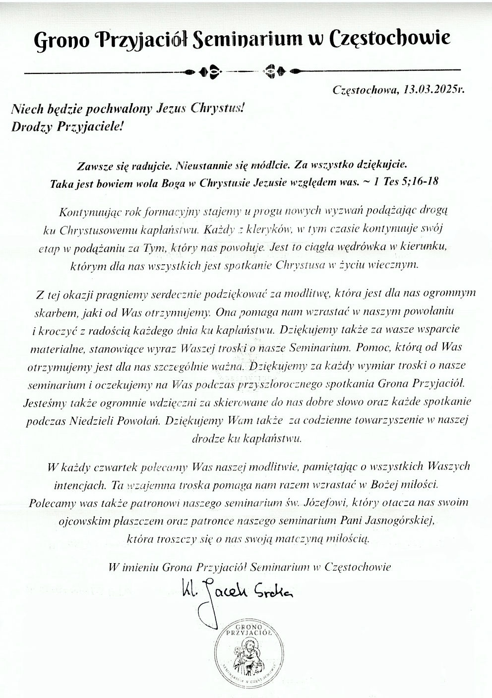 List z Seminarium Duchownego
